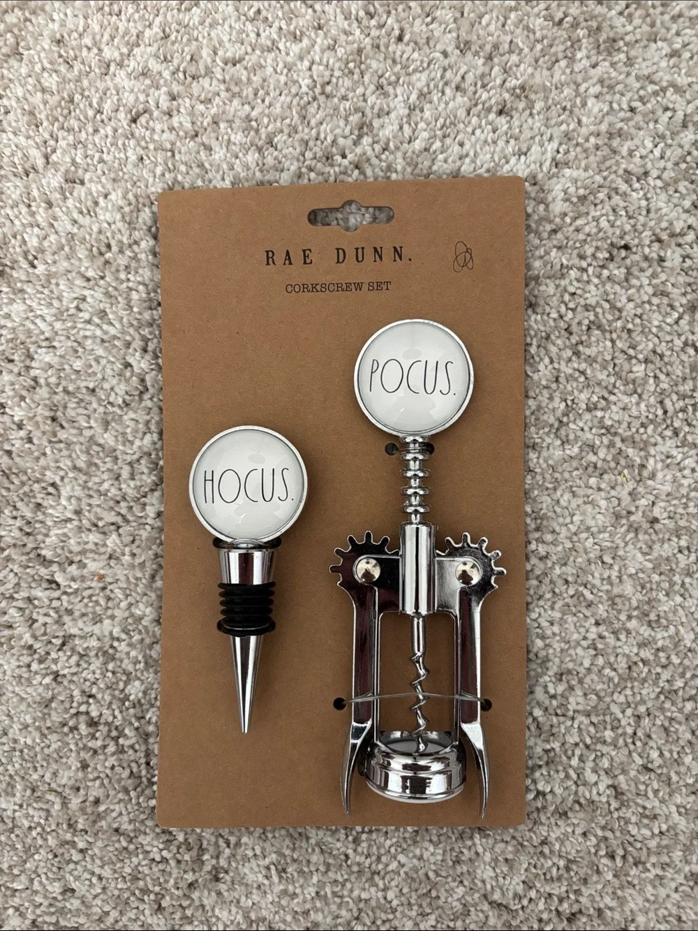 Rae Dunn White & Silver 'Hocus' 'Pocus' Corkscrew and Wine Stopper Set
